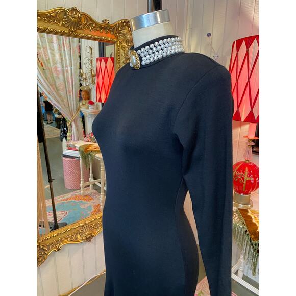 1980s black wool bandage dress backless beaded mock neck ruched 80s body con med - Picture 5 of 11
